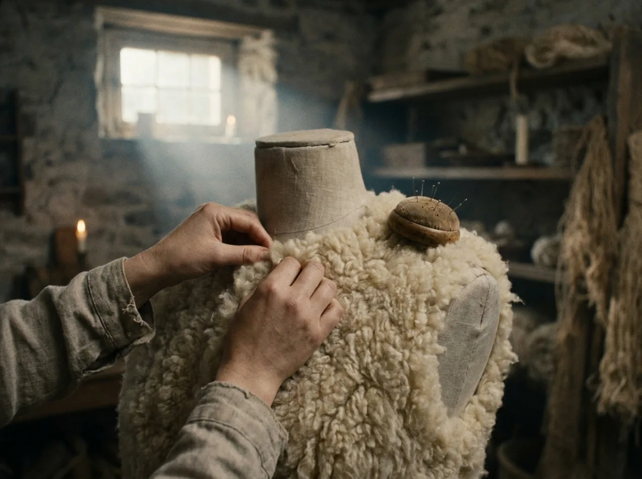 Hands pinning undyed wool onto a dress form in the HALDEN atelier.