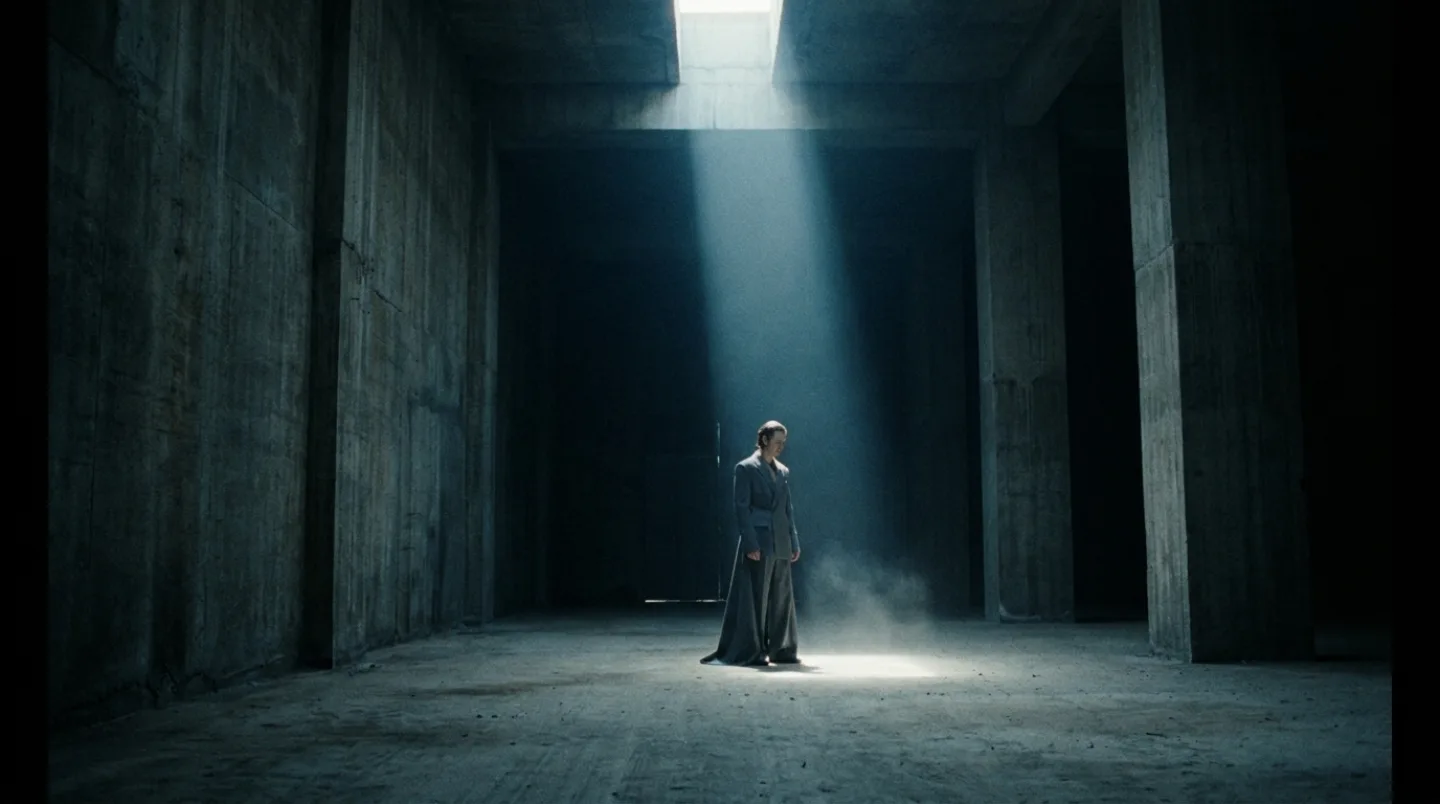 A lone figure in a shaft of light within a vast concrete hall, the HALDEN campaign.