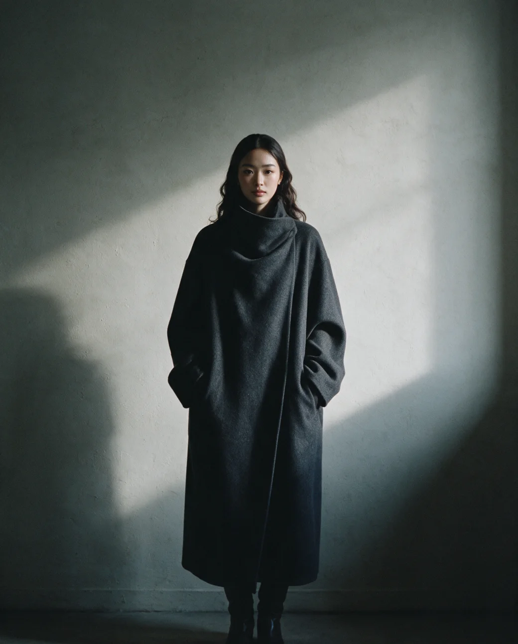 A model in a draped charcoal wool coat against a shadowed plaster wall, the HALDEN Nº 04 collection.